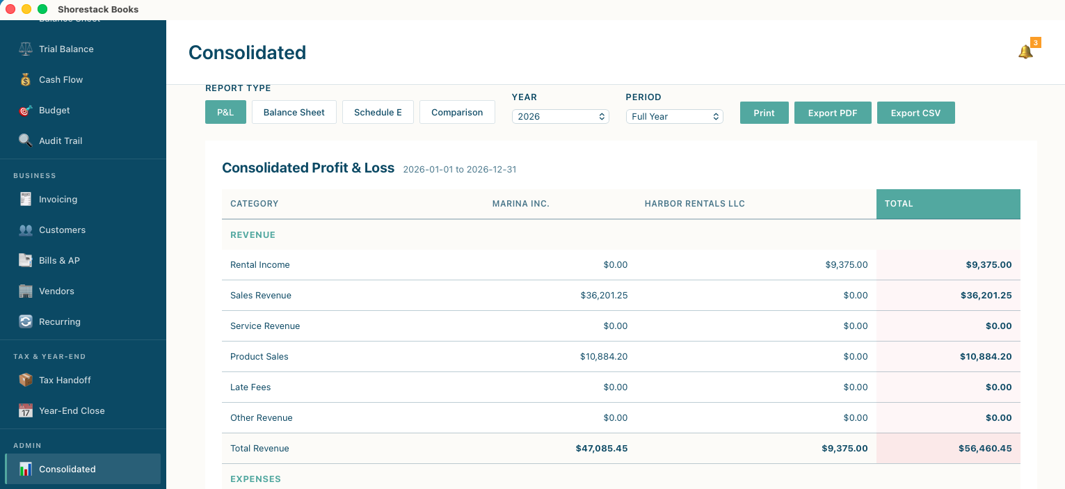 The Consolidated Profit and Loss: one column per business and a combined total, with print, PDF, and CSV export