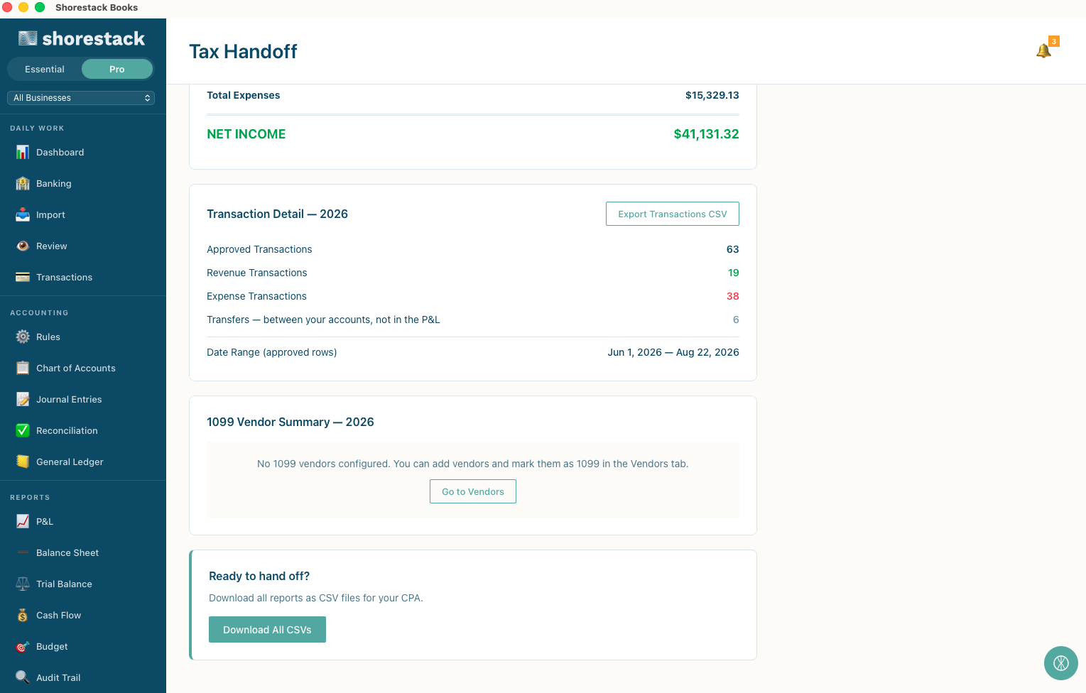 Tax Handoff: transaction detail counts, 1099 vendor summary, and the Download All CSVs button